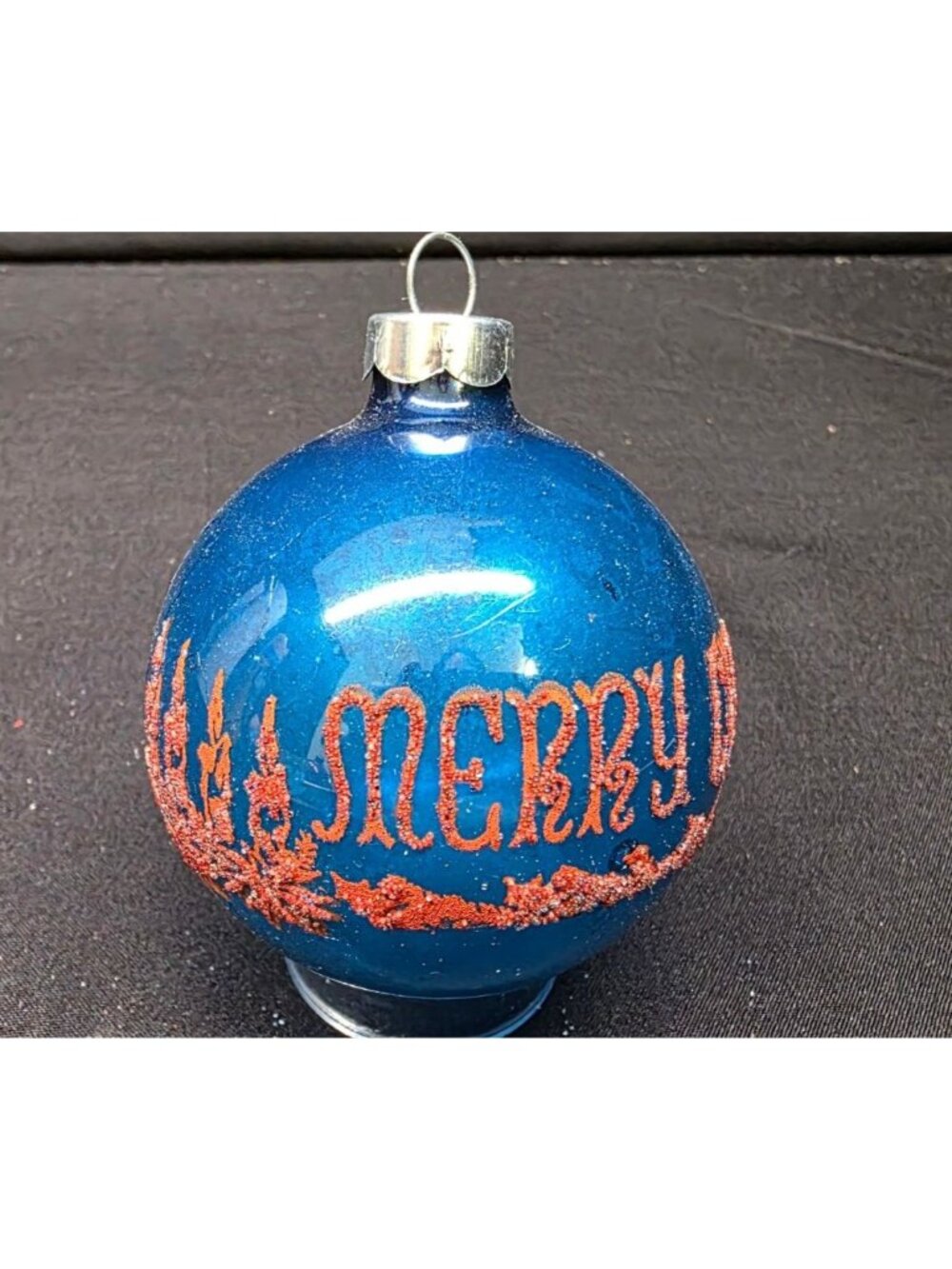 Vintage Retro MCM Blue Mercury Glass Stenciled Merry Christmas Ornament USA
